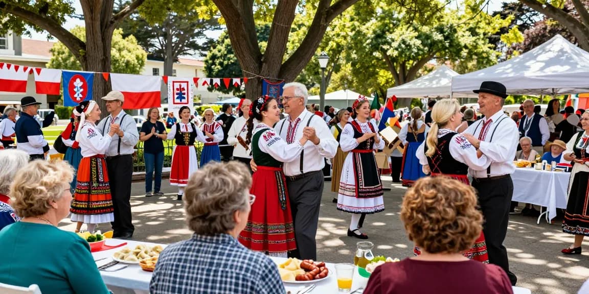 Polish community gathering in San Francisco at https://www.sfpol.com/, celebrating cultural traditions with dance, music, and food.