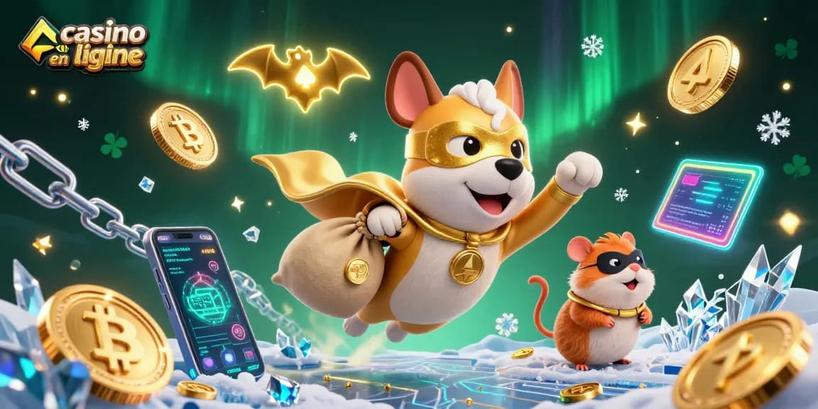 Une illustration 3D colorée de casino en ligne retrait immédiat avec un chien super-héros et un hamster sur un fond lumineux.