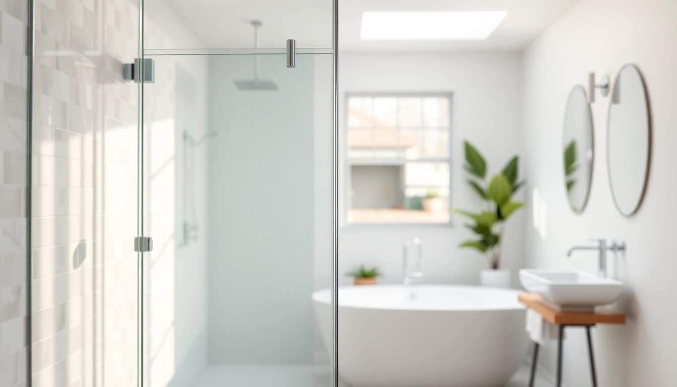 Showcasing glass shower doors in a modern bathroom with elegant design and natural lighting.