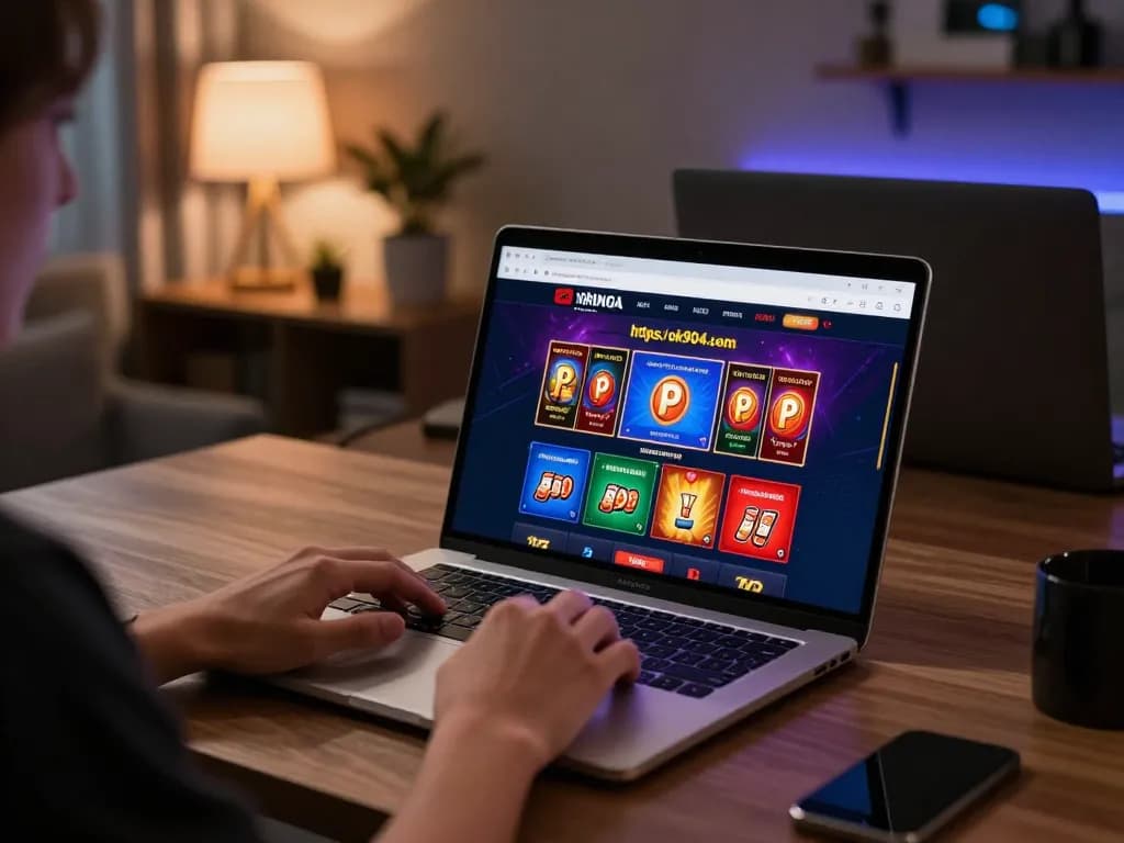 Person engaging with online casino at https://ok904.com/ using a laptop, featuring poker interface in a cozy home setting