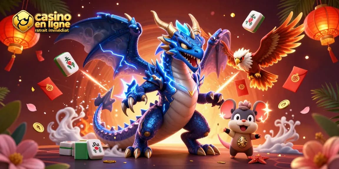 Jouez au casino en ligne retrait immédiat avec des dragons, faucons et objets de jeu vibrants.