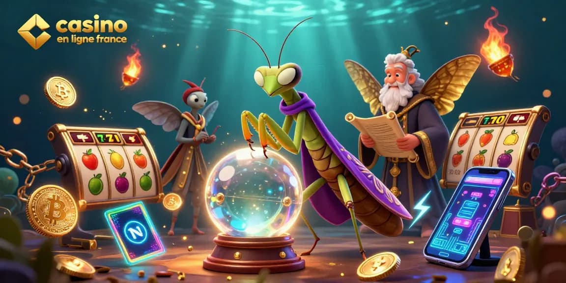 Découvrez le monde du casino en ligne en France avec cette scène dynamique comprenant un caméléon et des éléments de jeux captivants.