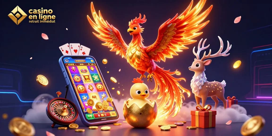 Profitez du casino en ligne retrait immédiat avec une illustration animée de personnages fantastiques et d'éléments de jeu.