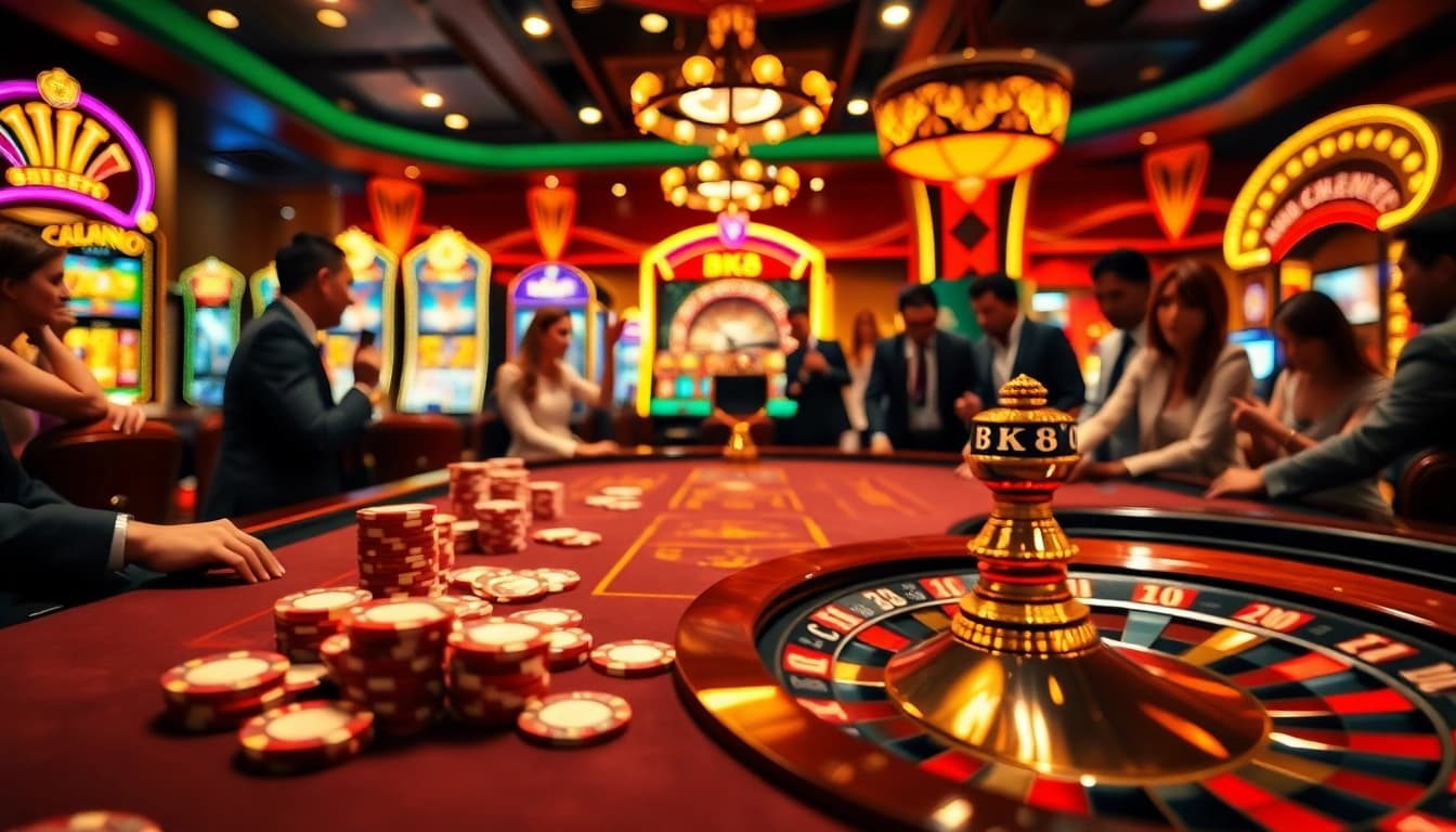 Players enjoying a thrilling BK8 gaming experience at a luxurious casino table.