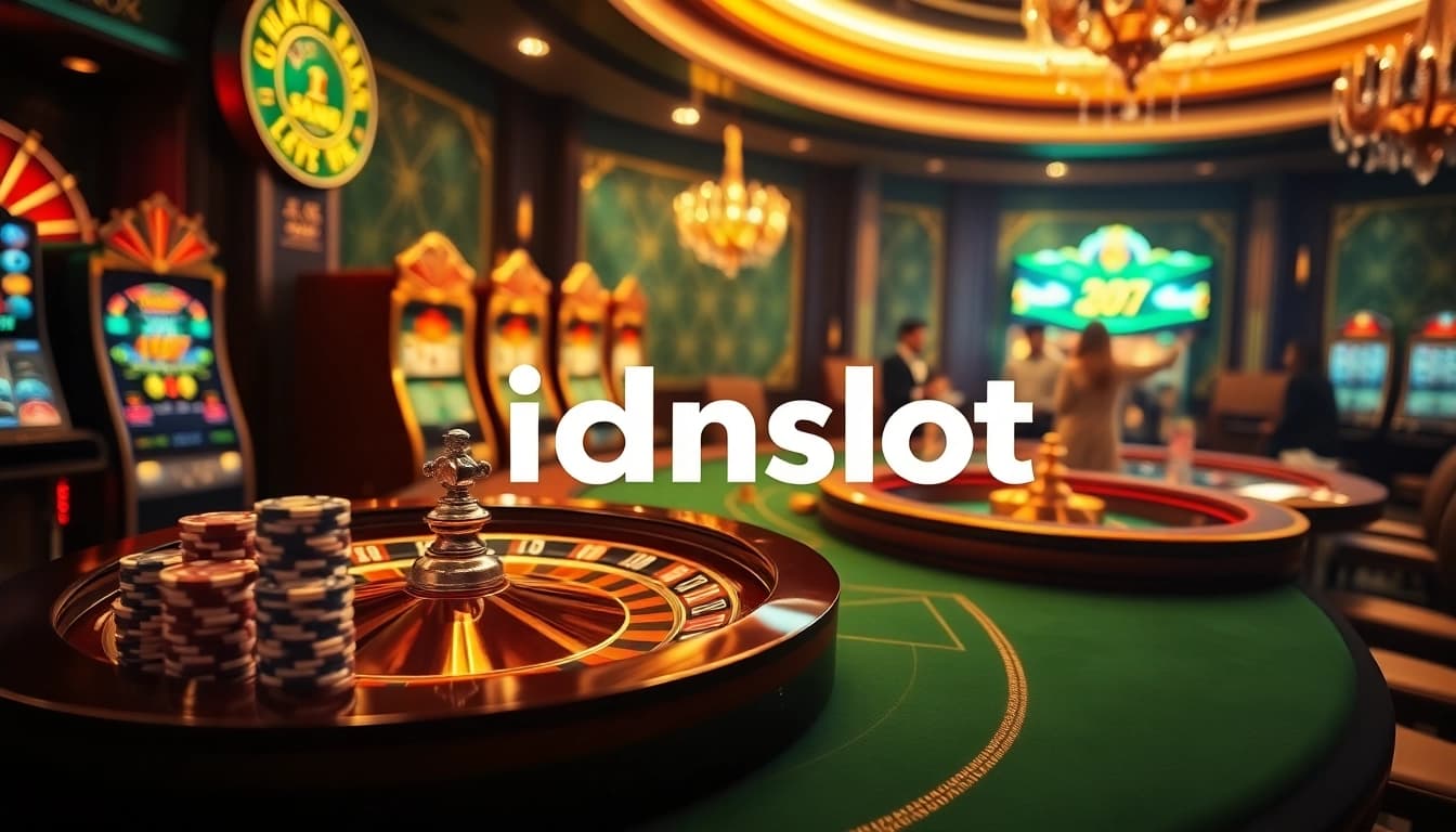 Players enjoying thrilling idnslot games at a luxury casino table with vibrant slot machines.