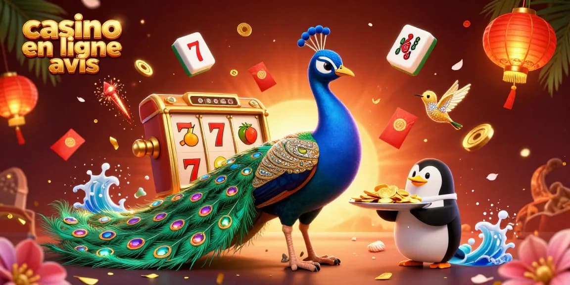 Aperçu captivant de casino en ligne avis avec un paon et un pingouin porteur de jetons d'or.
