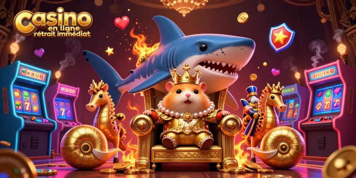 Illustration dynamique de l'univers du casino en ligne retrait immédiat avec un roi hamster et des gardes hippocampes.