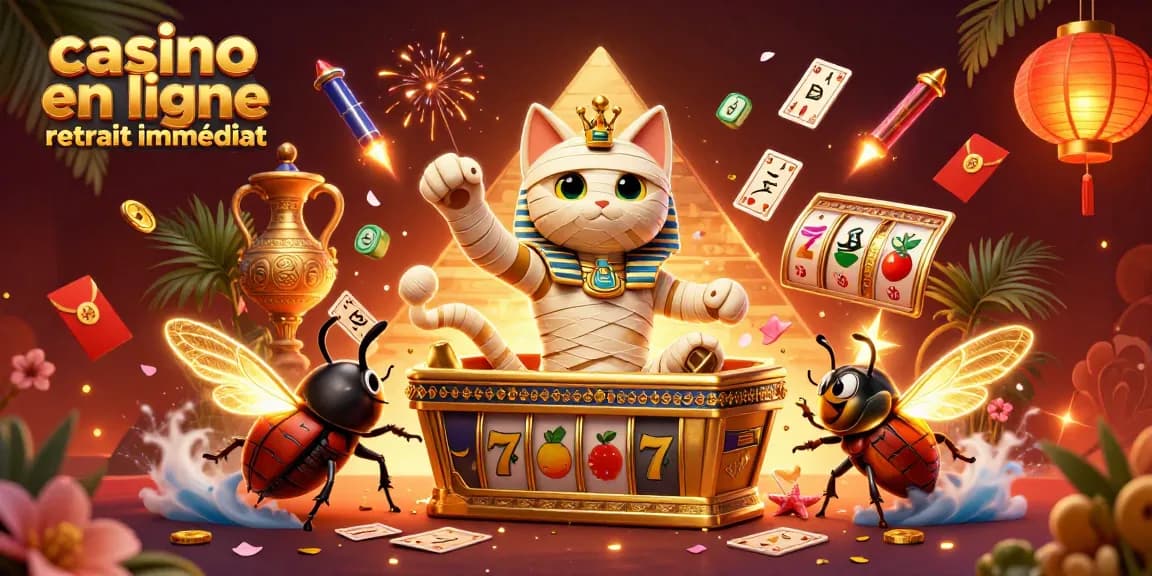 Illustration dynamique mettant en avant le casino en ligne retrait immédiat avec un chat momie égyptien et des éléments de jeu scintillants.
