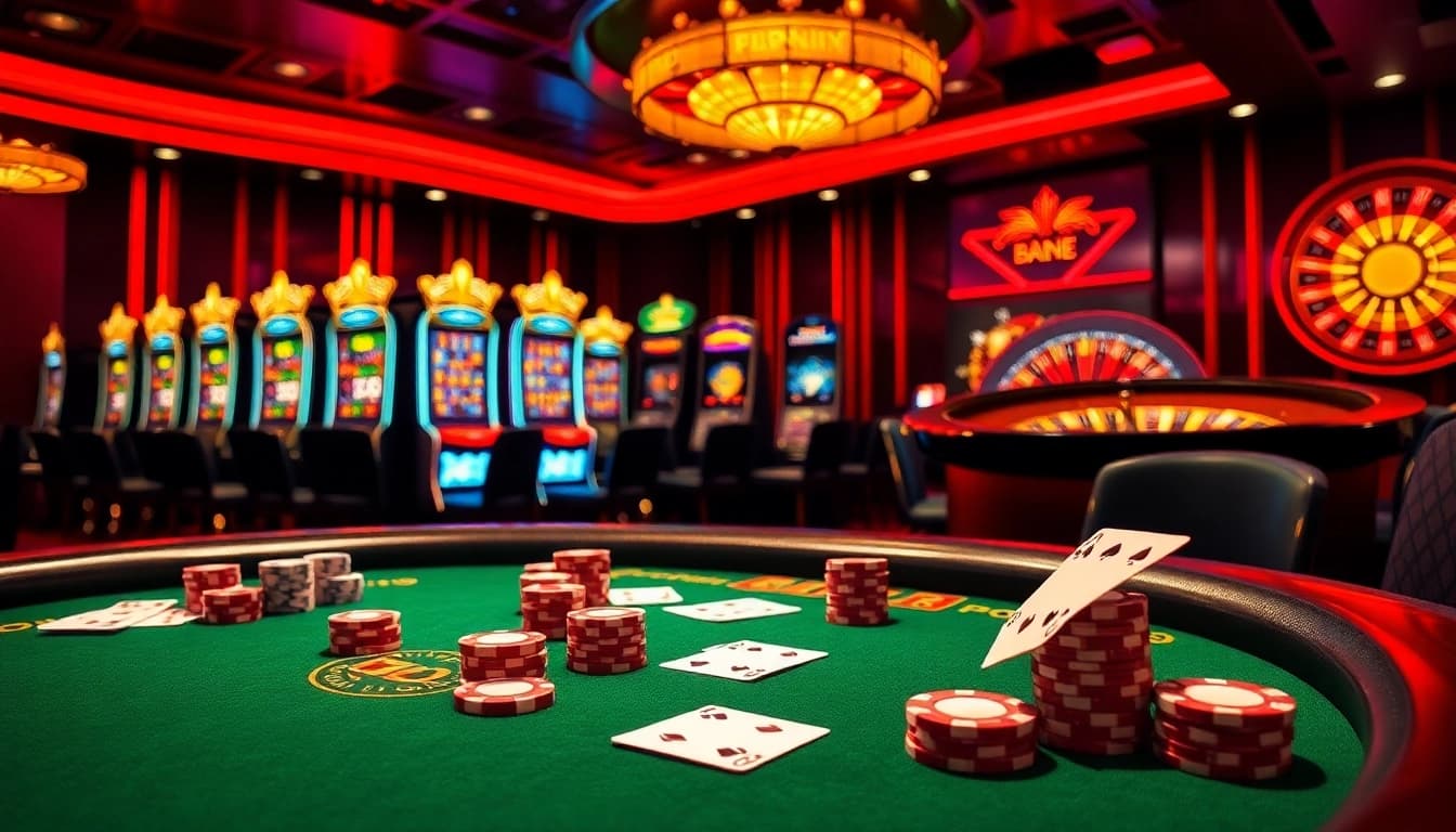 Jeu captivant dans un casino en ligne France avec une table de poker élégante et des machines à sous vibrantes.