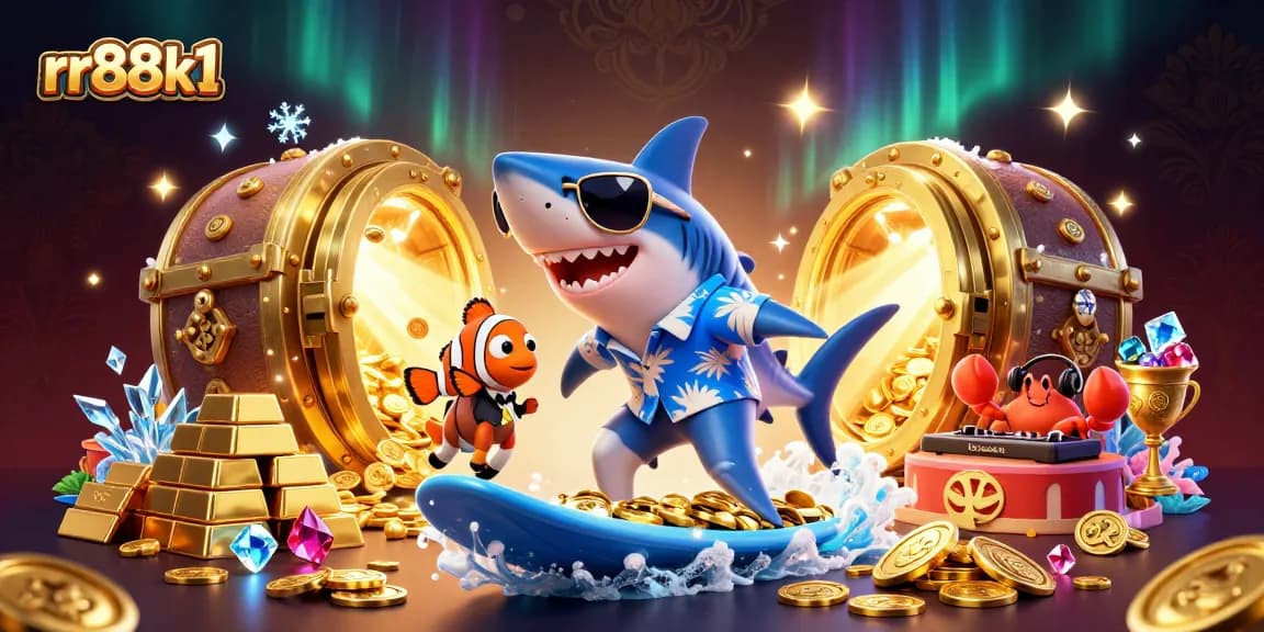 Experience thrilling fun at rr88k1 with a dynamic casino-themed illustration featuring vibrant sea creatures.