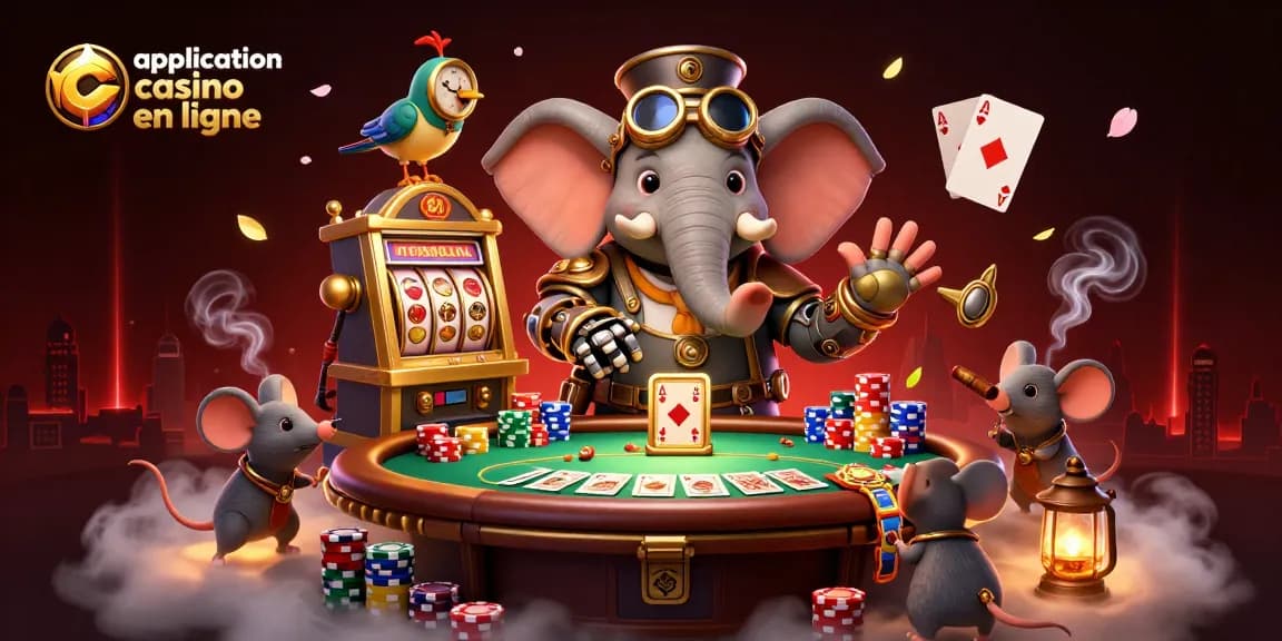 Application casino en ligne : Éléphant ingénieur steampunk devant une machine à sous dorée.