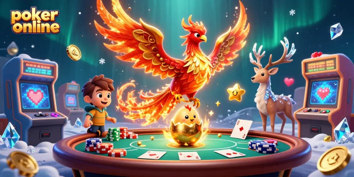 Jouez au poker en ligne avec une illustration captivante de poker, phœnix et magie.