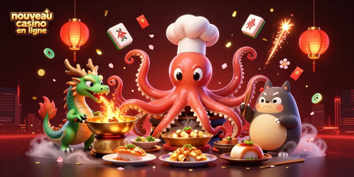 Jouez au nouveau casino en ligne avec le chef sushi pieuvre et ses plats dorés joyeusement entourés de dragons et de décorations scintillantes.