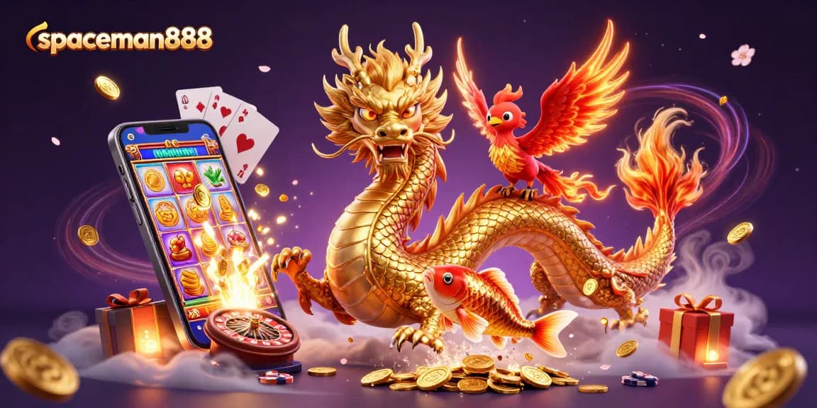 Experience thrilling wins with spaceman888's vibrant dragon, phoenix, and koi fish amidst dynamic casino chaos.