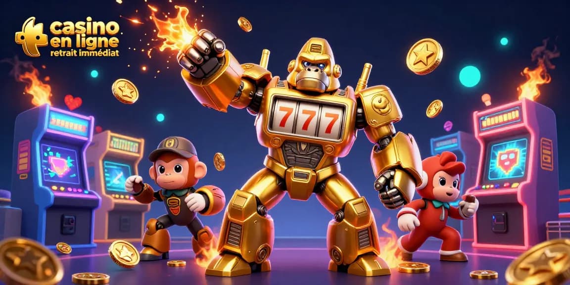 Casino en ligne retrait immédiat : illustre un gorille mech doré en action avec des éléments de jeu captivants.