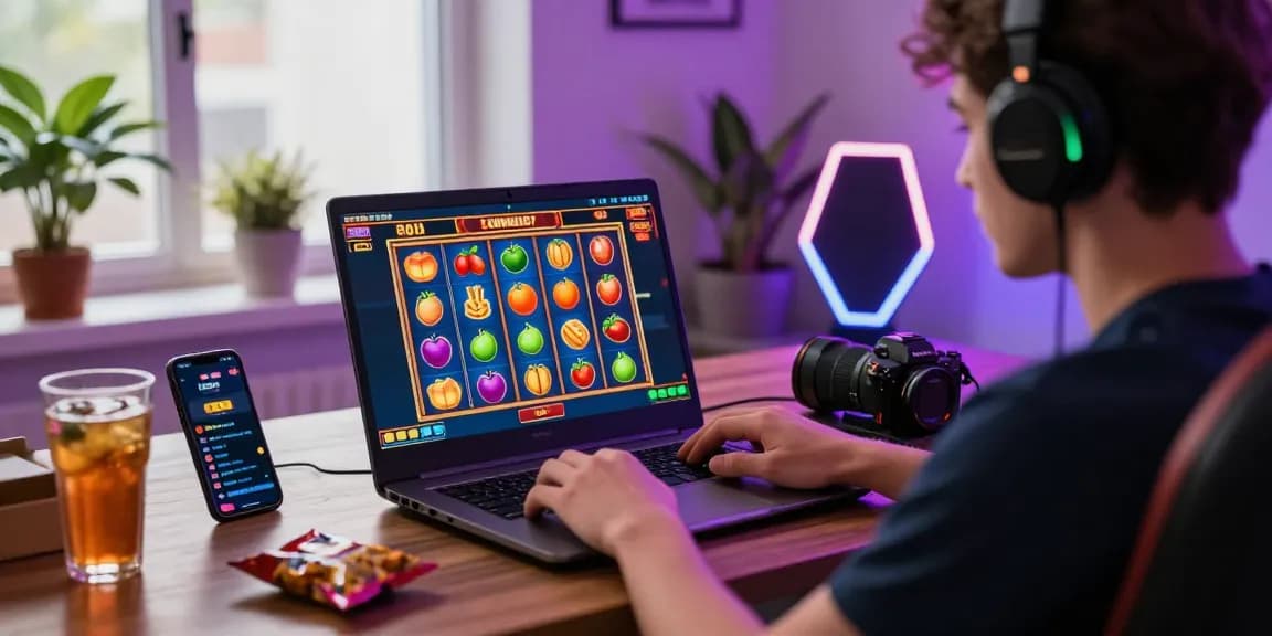 Player enjoying situs slot games online, vibrant graphics and modern technology in a cozy gaming setup