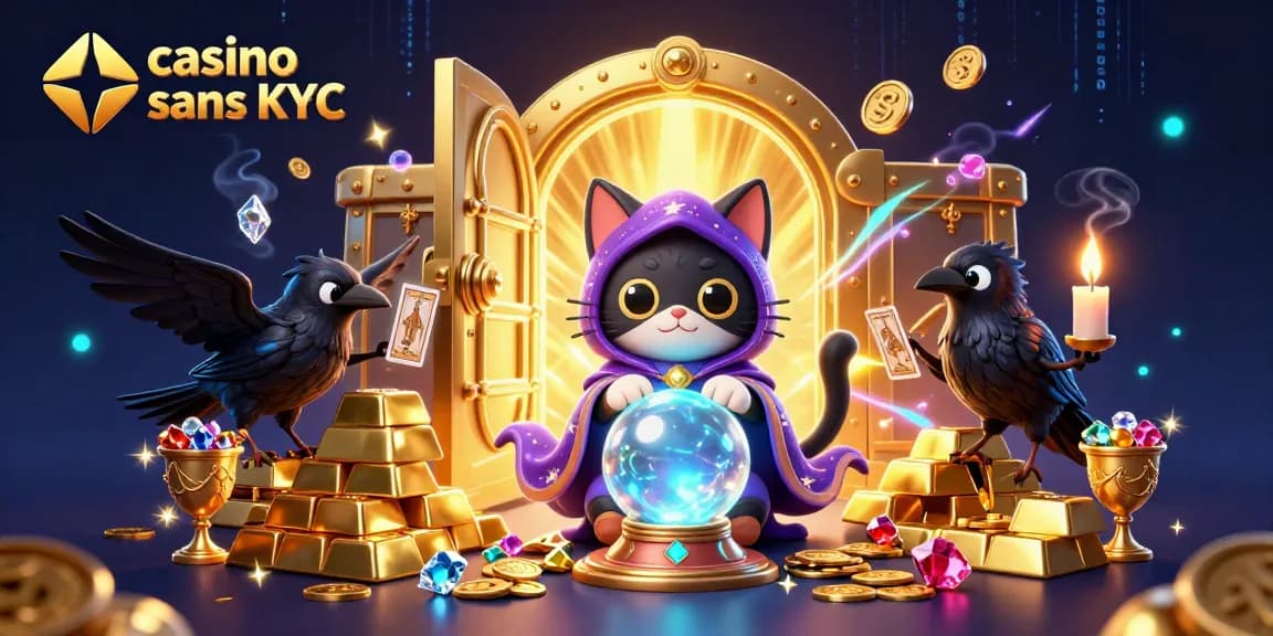 Jouez au casino crypto sans KYC avec un chat mystique et un corbeau des cartes dans une scène magique.