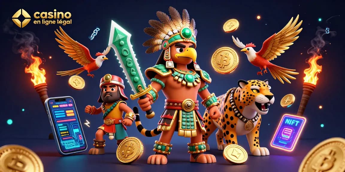 Illustration dynamique pour casino en ligne France légal avec héros aztèque et pièces de crypto.