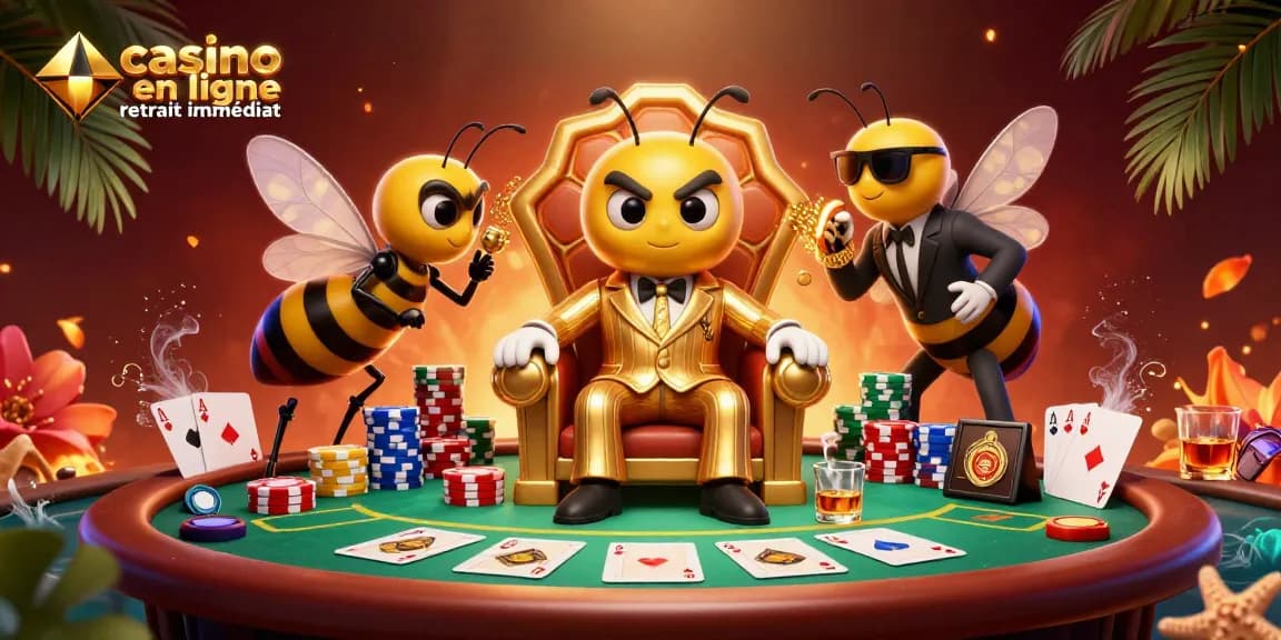 Vivez l'excitation du casino en ligne retrait immédiat avec un boss des abeilles dans une scène colorée et dynamique.