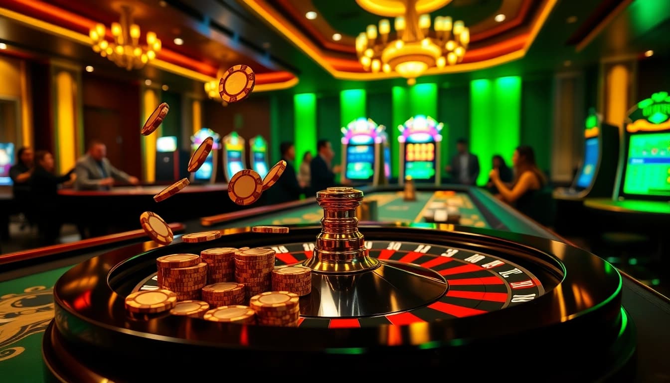 Scène passionnante de casino en ligne fiable avec des tables vibrantes, des jetons et une roulette.