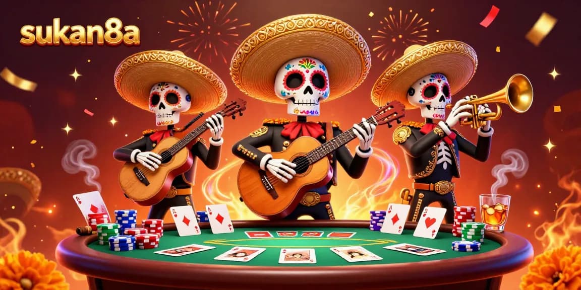Win big at sukan8a with vibrant casino-themed celebration showcasing poker action.