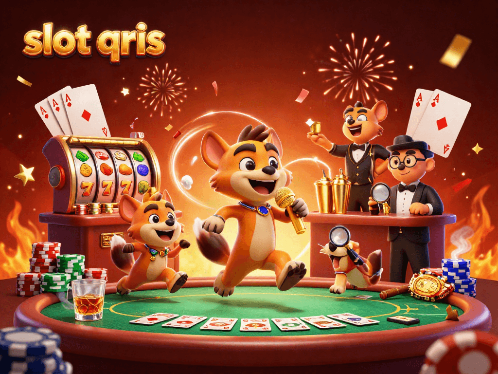 Experience slot qris excitement with hyenas in a 3D casino scene full of vibrant elements.