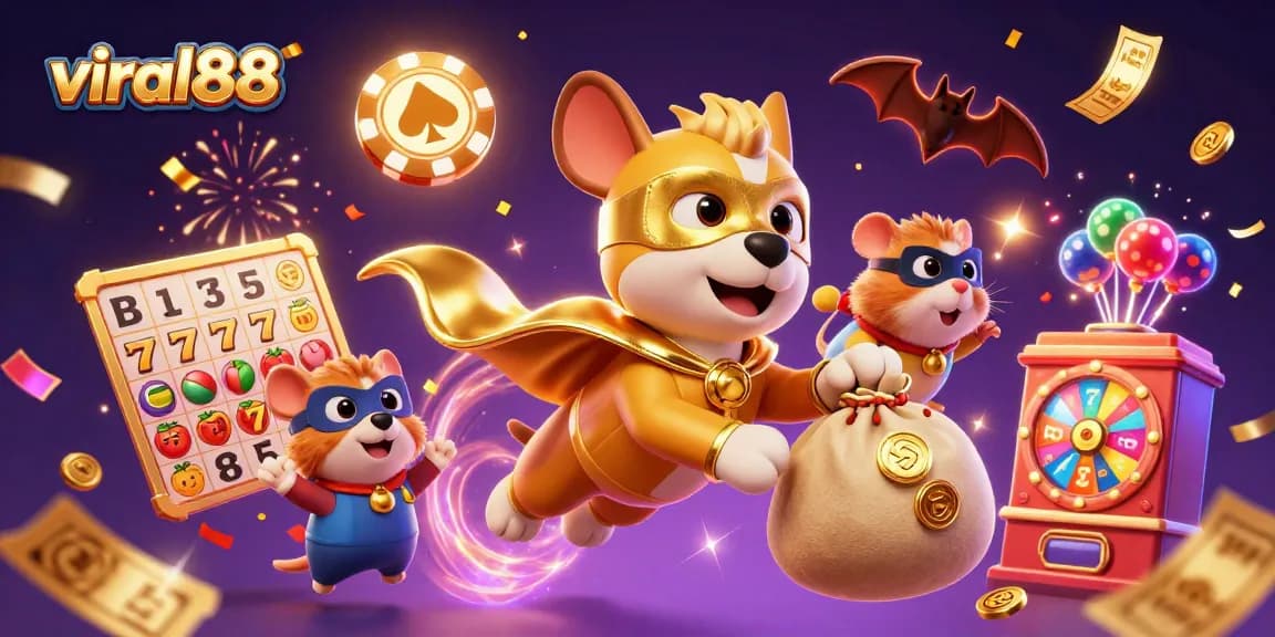 Experience the excitement of viral88 with a superhero dog flying through a vibrant casino scene filled with games.