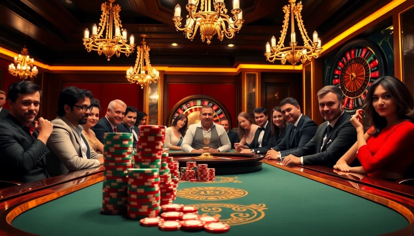 Une table de poker vibrante exemplifiant un casino en ligne fiable avec des joueurs concentrés et un gameplay excitant.