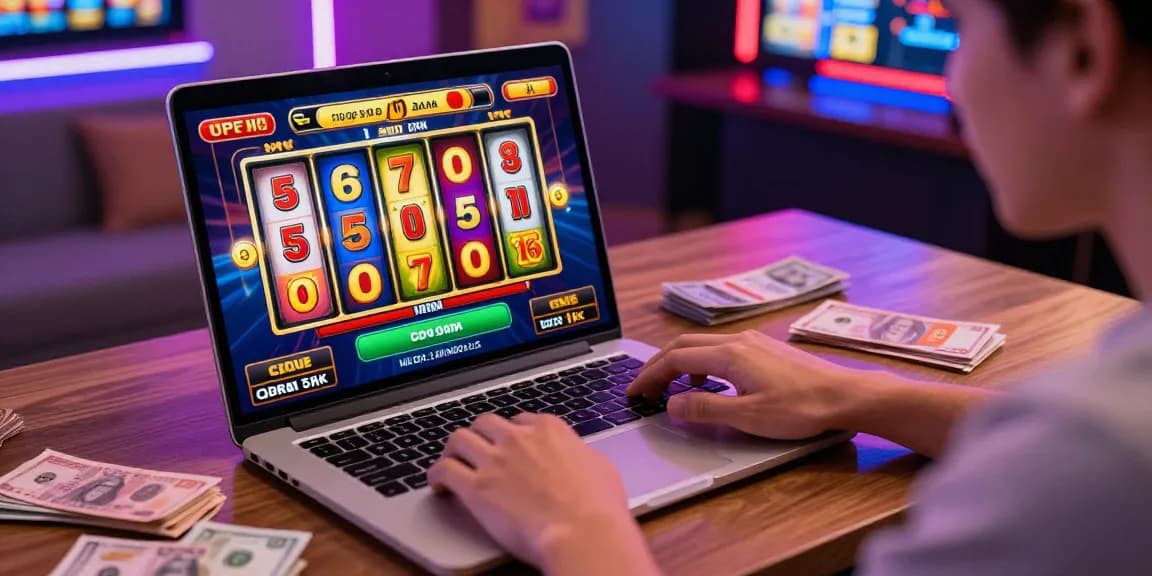 Exciting player engaging with slot deposit 5k game on laptop amidst cash and digital wallets, reflecting vibrant online casino atmosphere.
