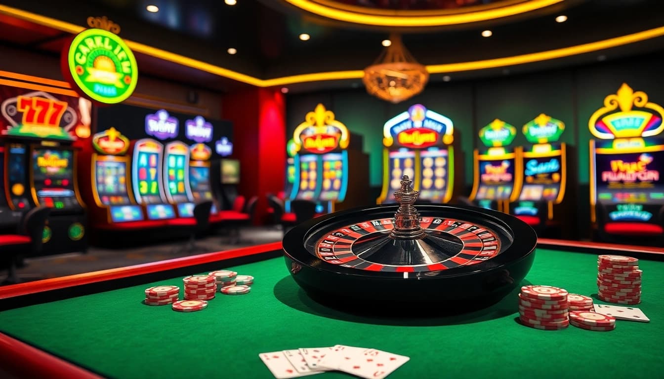 Experience thrilling gaming action at tại i9bet with an exciting casino scene featuring roulette, poker, and vibrant slot machines.