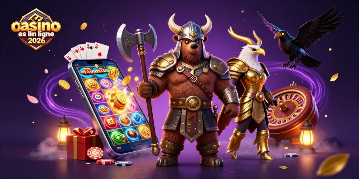 Illustration des personnages de casino avec le thème nouveau casino en ligne 2026, mettant en avant un ours viking et une aigle valkyrie entourés d'éléments de jeux.