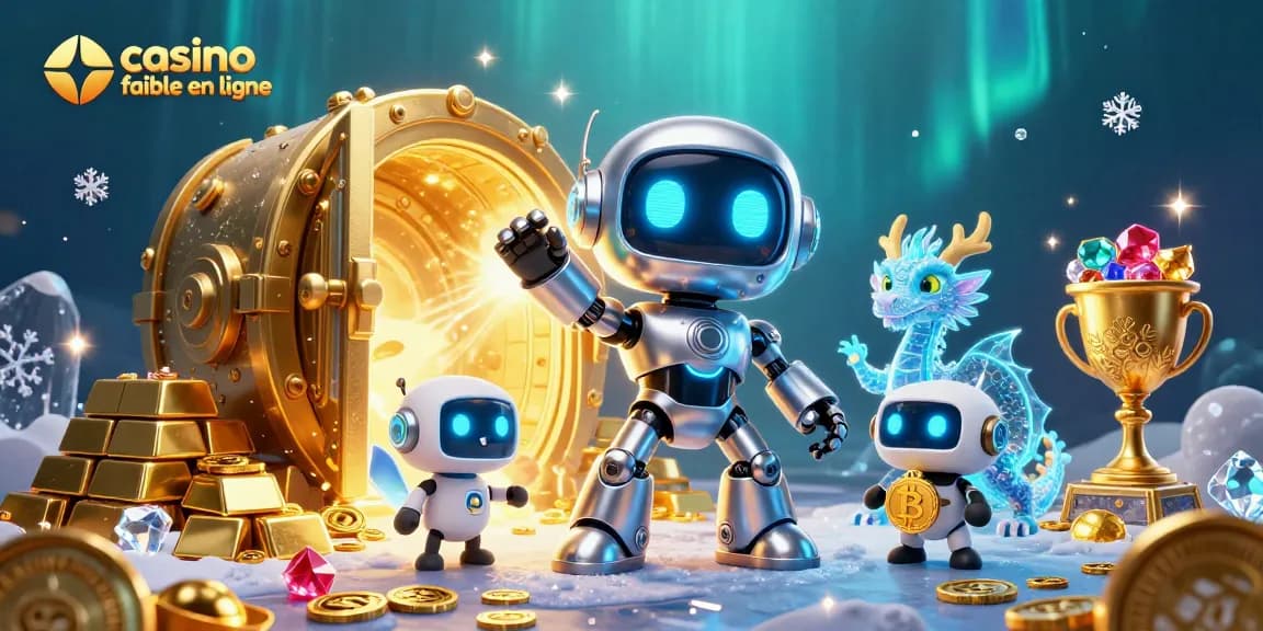 Jouez au casino fiable en ligne avec notre mascotte futuriste, dragon holographique et un drone, collectif joyeux d'objets dorés.
