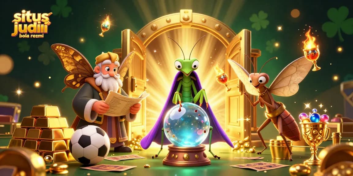 Engage in strategic betting with situs judi bola resmi, surrounded by mystical fortune vibes and sports elements.