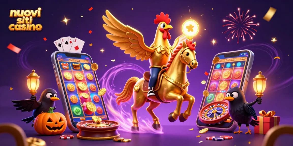 Immagine di nuovi siti casino con un gallo d'oro cavalcando un cavallo spettrale e dettagli di gioco.