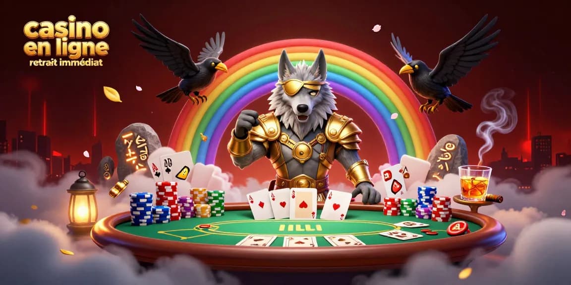 Venez découvrir l'univers du casino en ligne retrait immédiat avec un loup mythologique et des éléments de poker colorés.