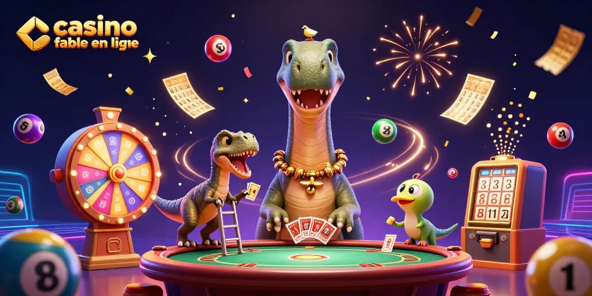 Jouez à un casino fiable en ligne avec une illustration ludique de dinosaures et d'éléments de jeu.