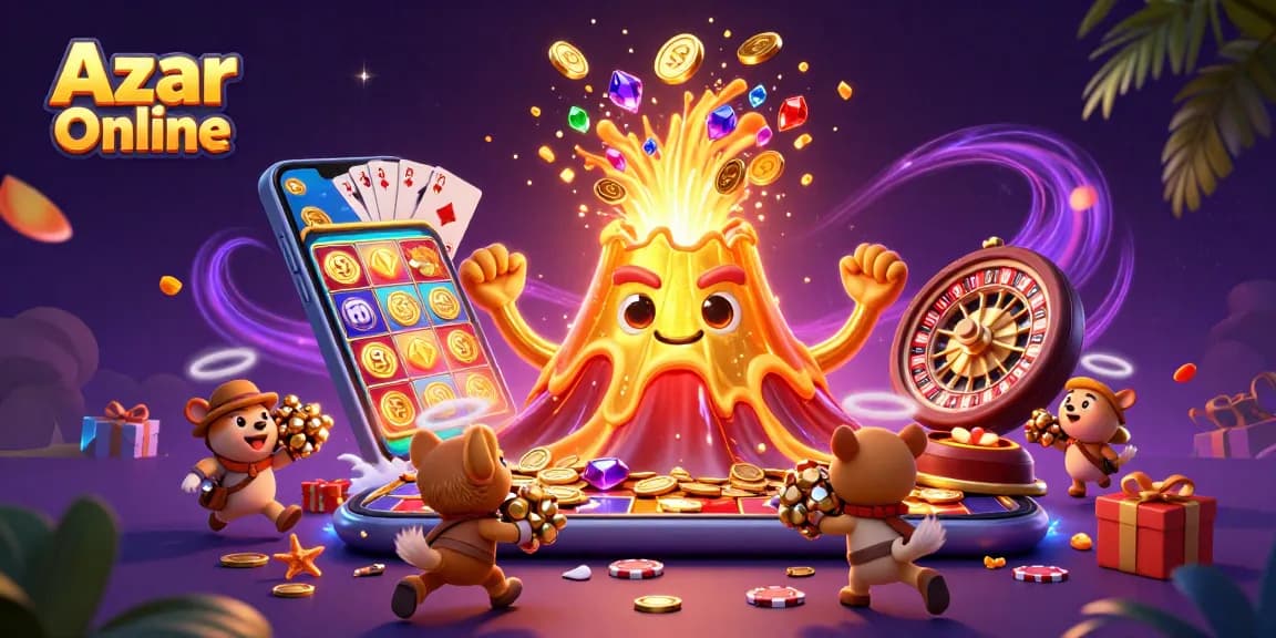 Experience Azar Online's vibrant casino scene with a majestic volcano and treasure-filled adventure.