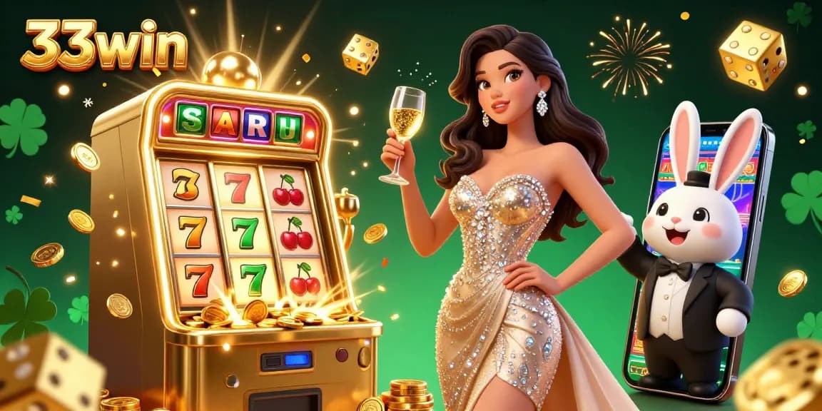 Win big at 33win with a stunning casino scene showcasing a glamorous woman toasting at a jackpot slot machine.