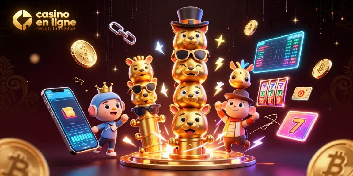 Jouez sur casino en ligne retrait immédiat avec ce totem aux expressions variées, entouré d'éléments de jeu dynamique.
