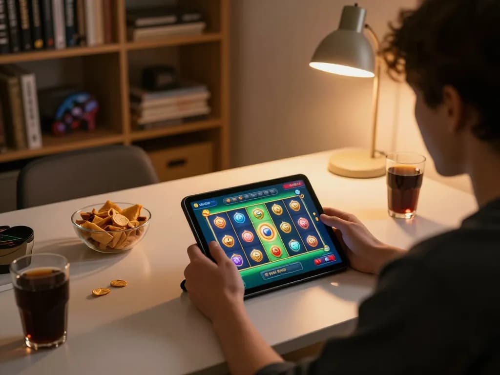Engage in the thrilling slot mahjong experience on a tablet in a cozy gaming setup.