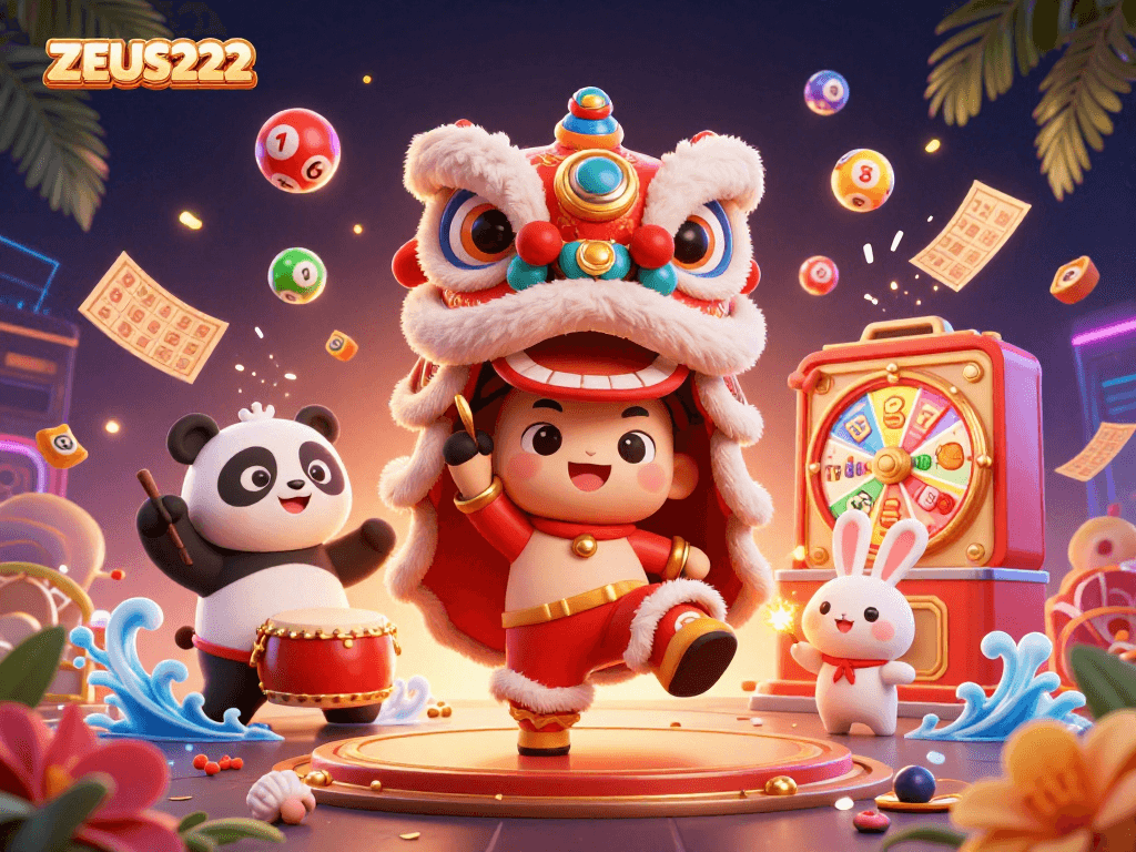 Experience the excitement of ZEUS222 with vibrant slot reels and animated casino elements.
