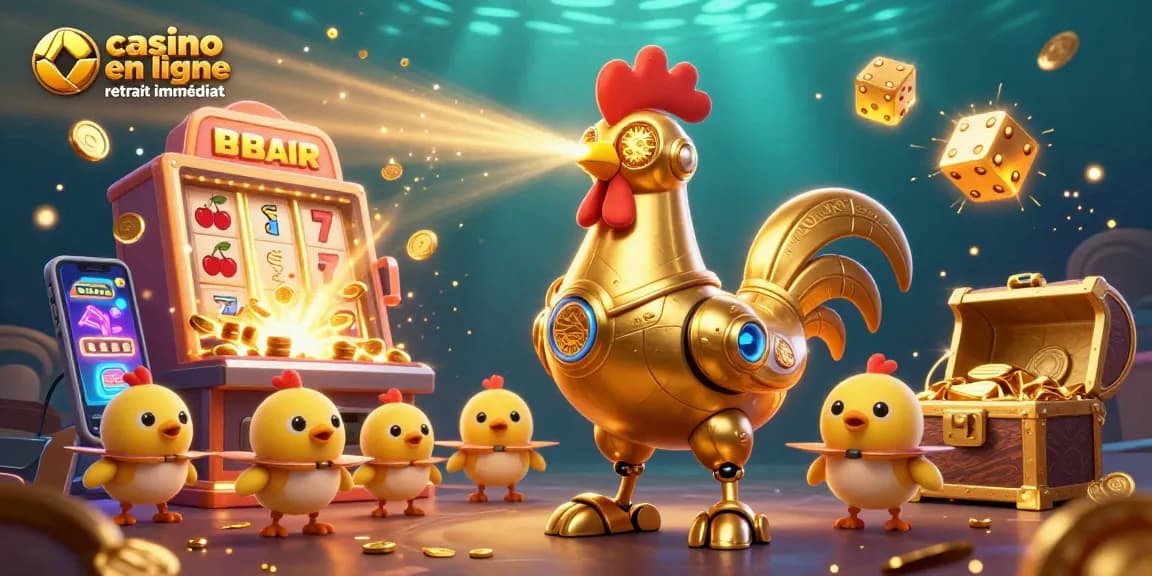 Casino en ligne retrait immédiat avec un robot coq en or et des drones poussins dans une scène dynamique de jeux.