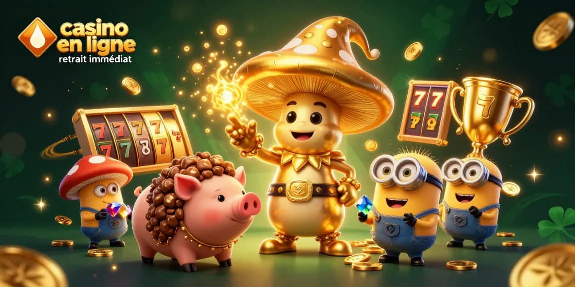Jouez dans un casino en ligne retrait immédiat avec des éléments visuels riches en or et des personnages magiques.