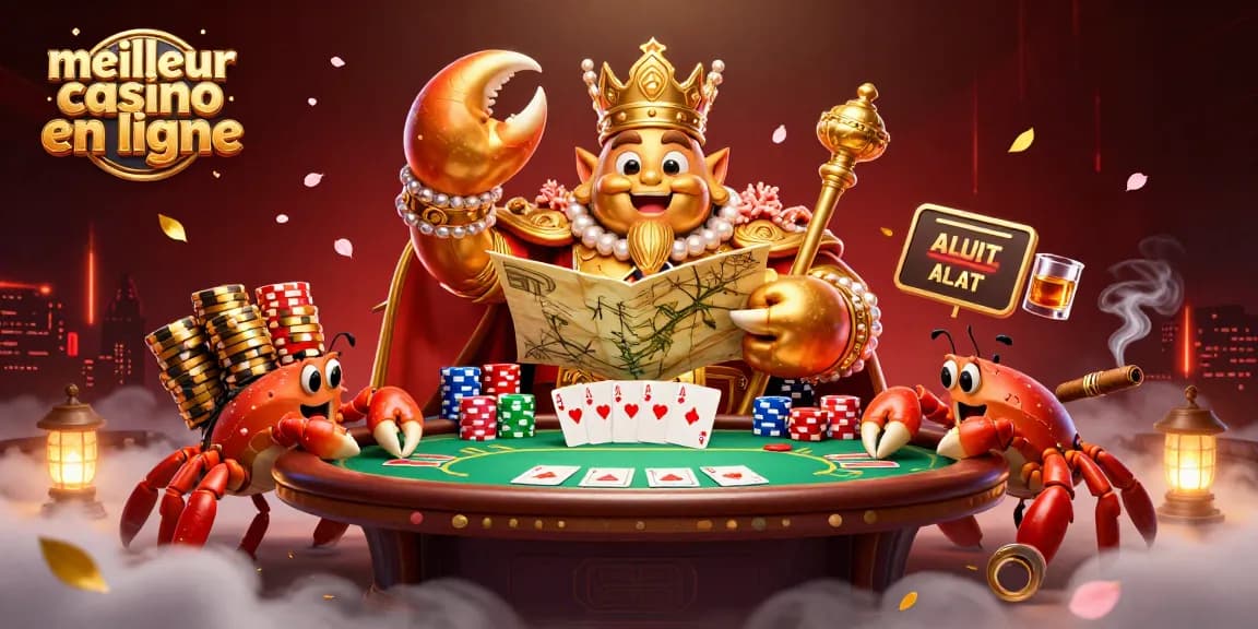 Découvrez le meilleur casino en ligne avec un crabe empereur doré entouré de jeux de poker et de jetons dorés.