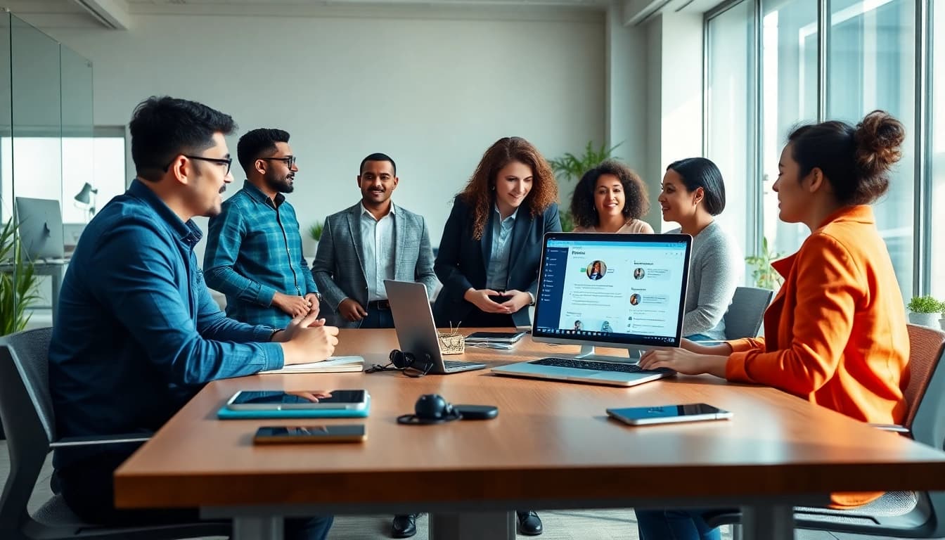 Engaging team collaborating with enterprise assistant platform in a bright office.
