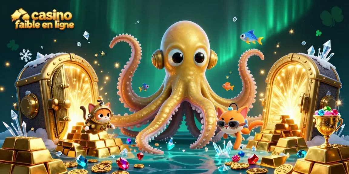 Illustration animée représentant un kraken doré et un chat plongeur, promouvant casino fiable en ligne