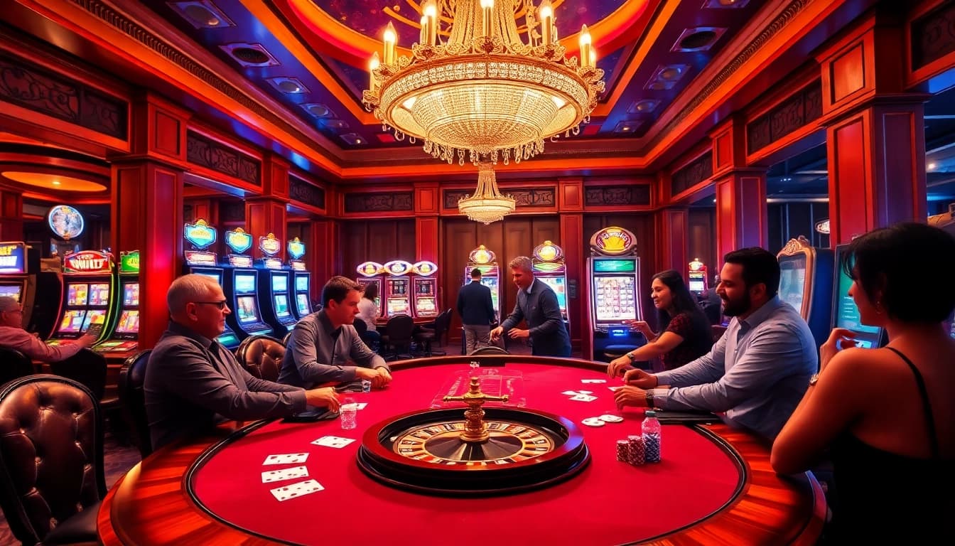 Exciting casino experience at https://okfun.page featuring a vibrant poker table and lively gamblers.