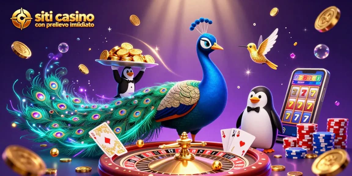 I migliori siti casino con prelievo immediato presentano un aristocratico pavone e un pinguino maggiordomo tra scintillanti gettoni d'oro.