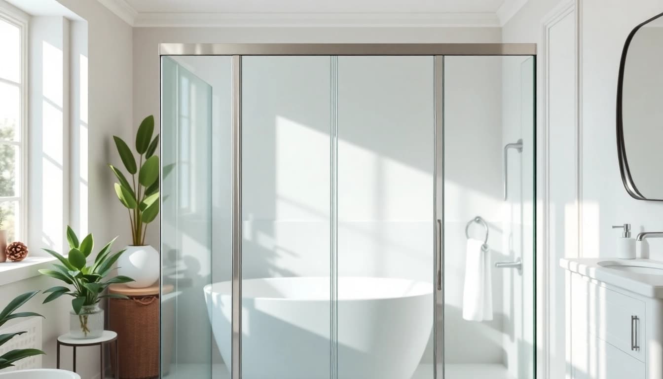 Stylish glass shower doors gleaming in a modern bathroom.