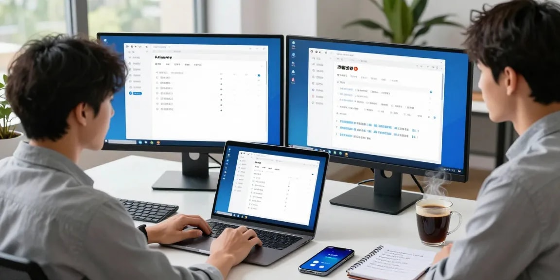 Configuring telegram中文版 on a modern workspace with dual monitors and stylish details.